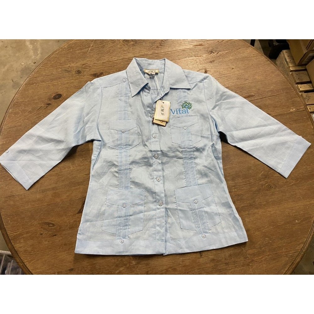 J.M.P. Women's Blue Linen Button Up Short Sleeve Pockets VITAL Small NWT